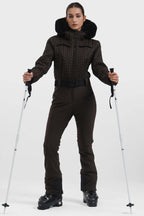 Women's Khaki Full-Shirred Design One-Piece Ski Suit Snowboard Suit