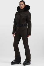 Women's Khaki Full-Shirred Design One-Piece Ski Suit Snowboard Suit