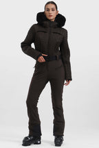 Women's Khaki Full-Shirred Design One-Piece Ski Suit Snowboard Suit