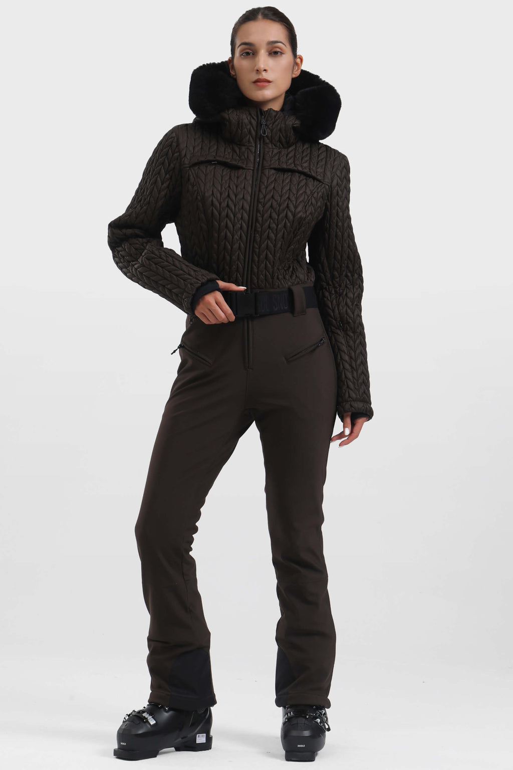 Women's Black Full-Shirred Design One-Piece Ski Suit Snowboard Suit