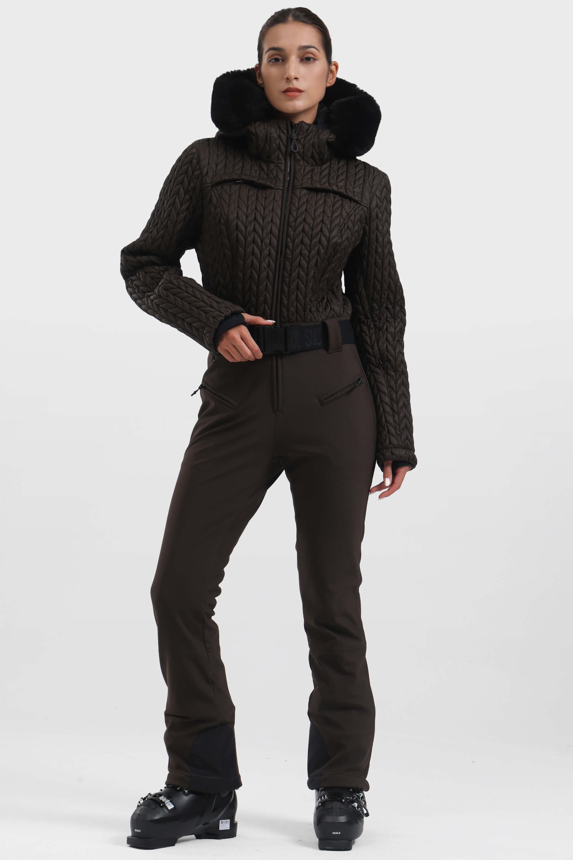 Women's Black Full-Shirred Design One-Piece Ski Suit Snowboard Suit