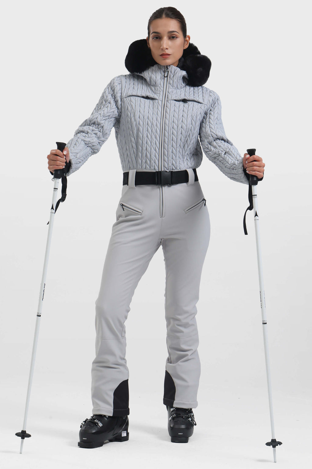 Women's Grey Full-Shirred Design One-Piece Ski Suit Snowboard Suit