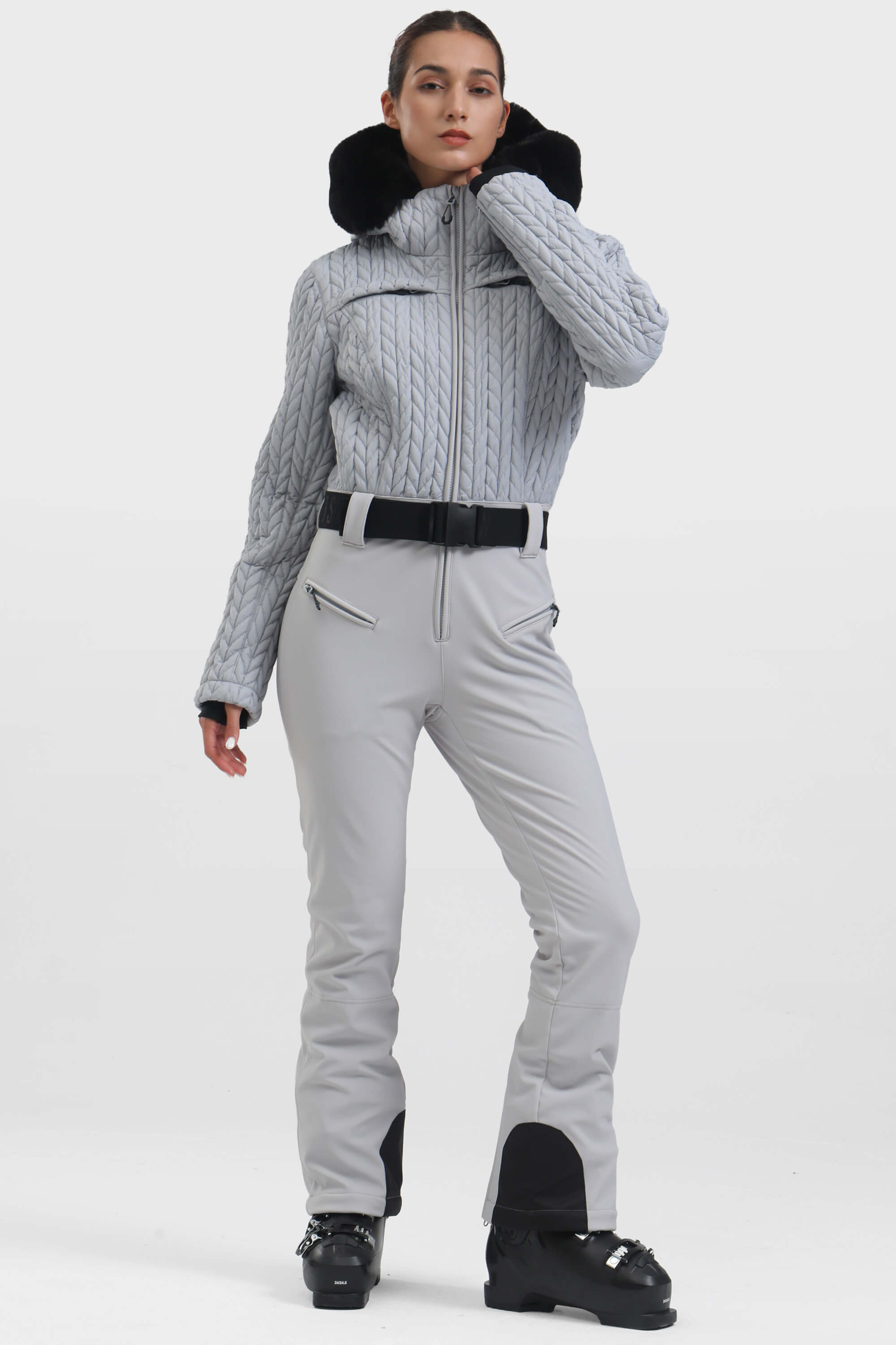 Women's White Full-Shirred Design One-Piece Ski Suit Snowboard Suit