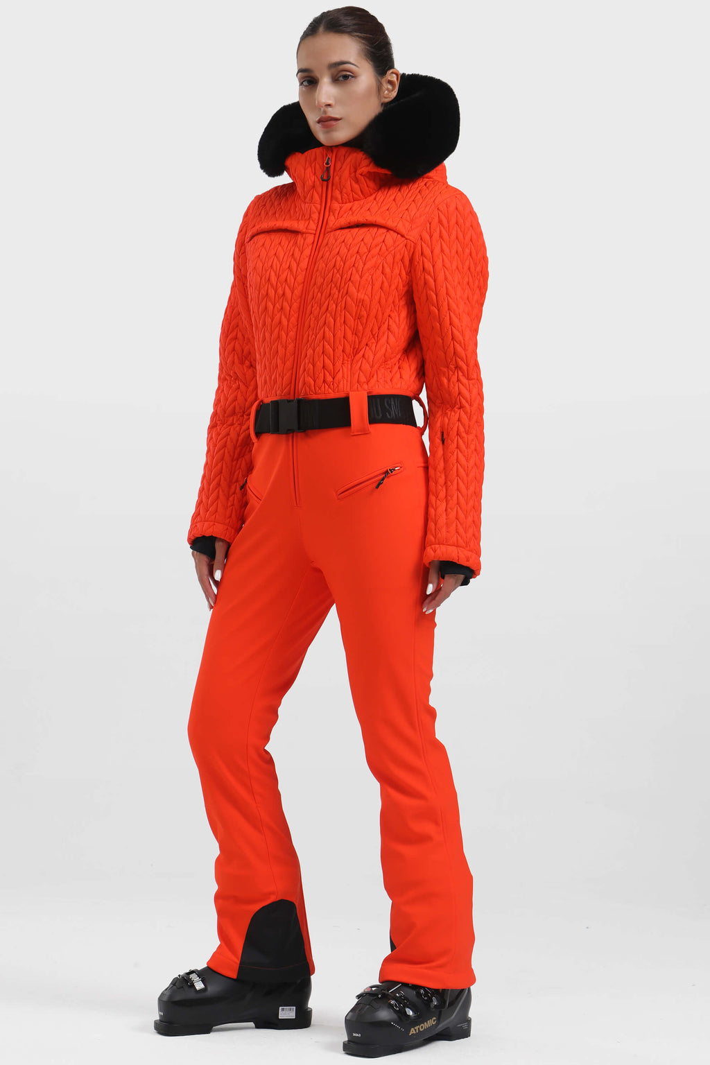 Women's Grey Full-Shirred Design One-Piece Ski Suit Snowboard Suit