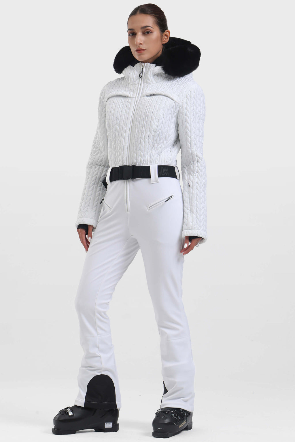 Women's White Full-Shirred Design One-Piece Ski Suit Snowboard Suit