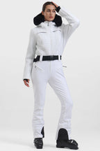 Women's White Full Shirred Design Ski Suit One-Piece Snowboard Suit - Gsou Snow