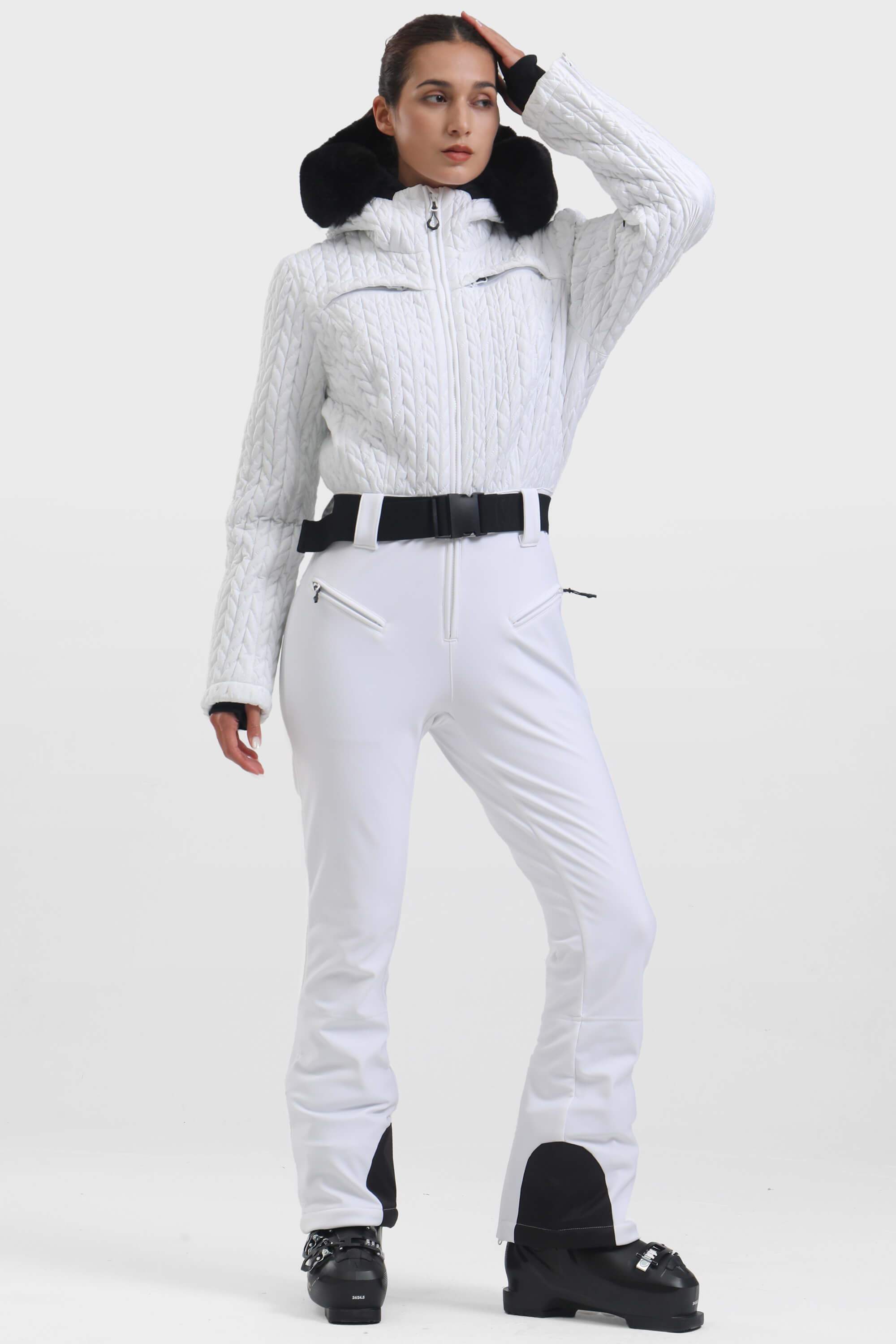 Women's White Full Shirred Design Ski Suit One-Piece Snowboard Suit - Gsou Snow