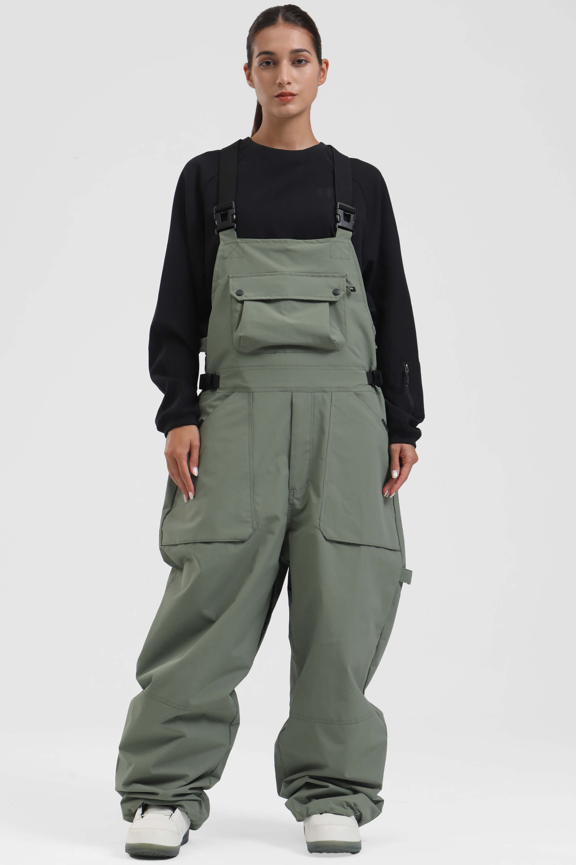 Women's Khaki Two-Way Side-Zip Baggy Ski Bibs Snow Bibs