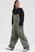 Women's Army Green Two-Way Side-Zip Baggy Ski Bibs Snow Bibs