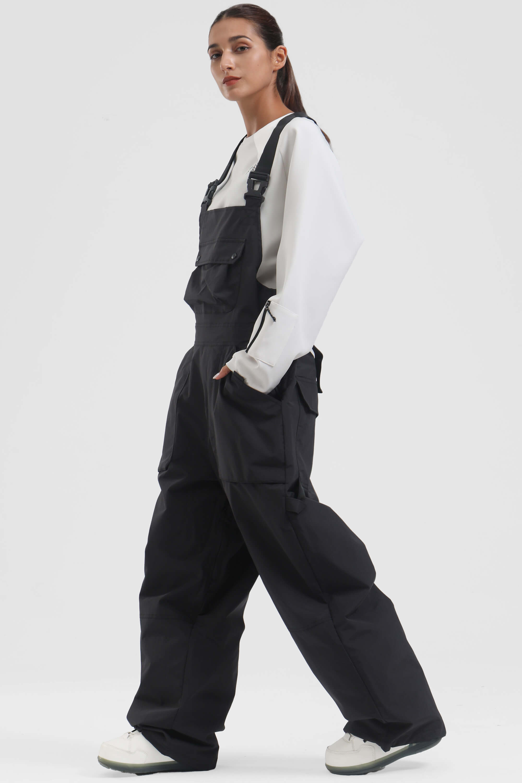 Women's White Two-Way Side-Zip Baggy Ski Bibs Snow Bibs