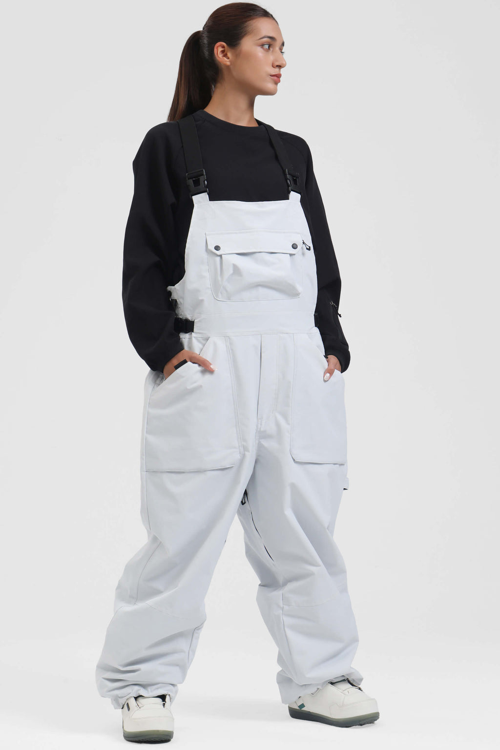 Women's Khaki Two-Way Side-Zip Baggy Ski Bibs Snow Bibs