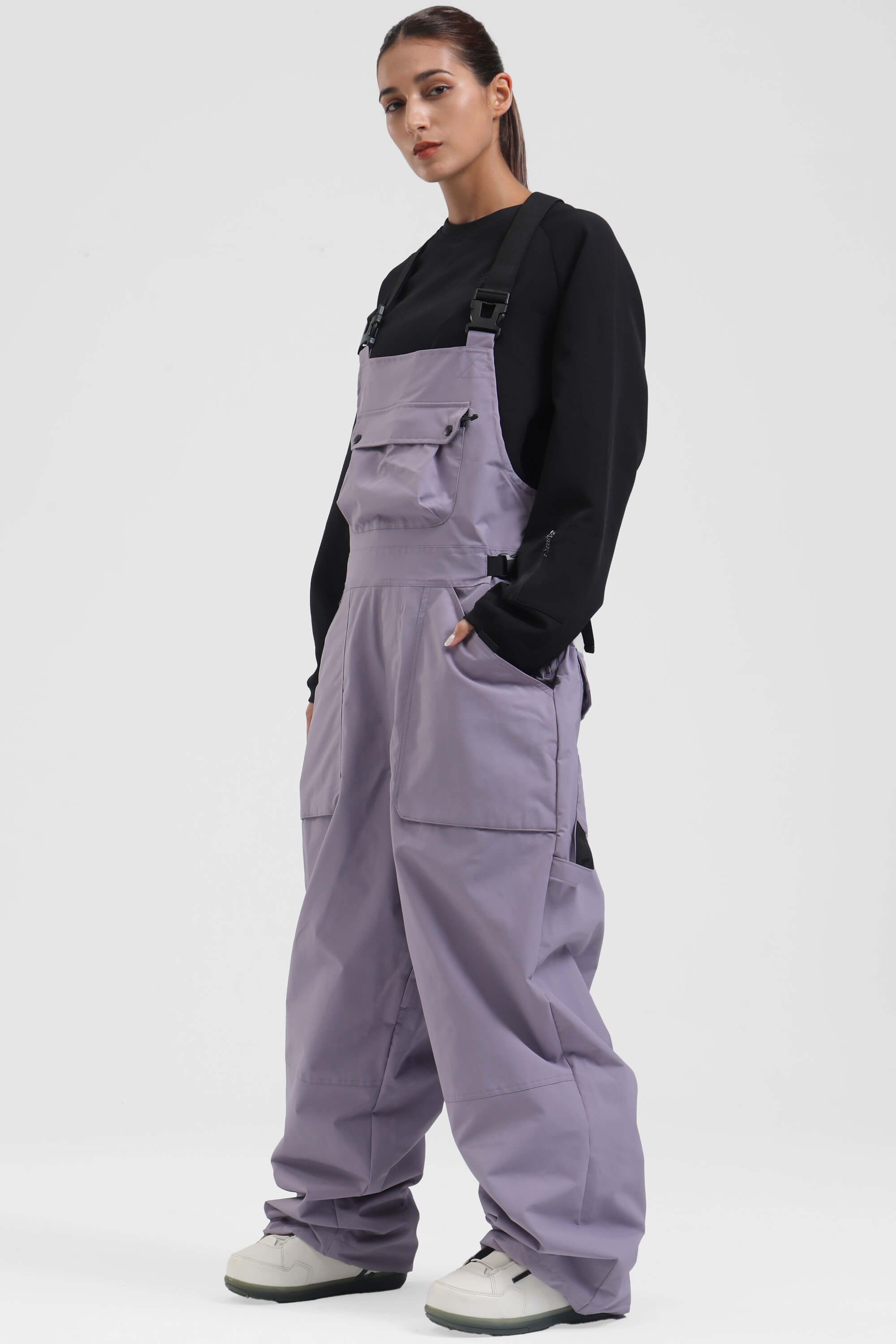 Women's White Two-Way Side-Zip Baggy Ski Bibs Snow Bibs