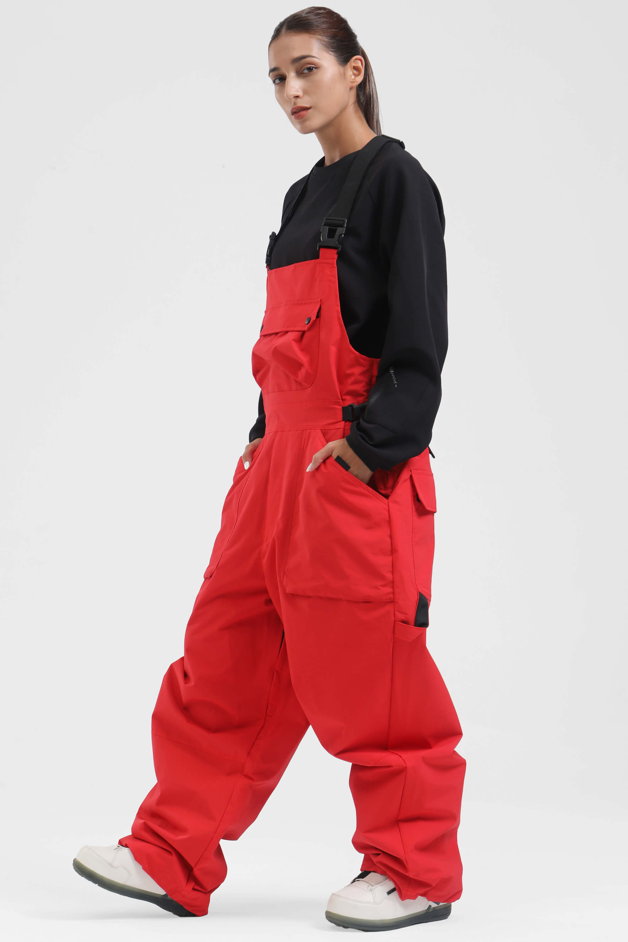 Women's Khaki Two-Way Side-Zip Baggy Ski Bibs Snow Bibs