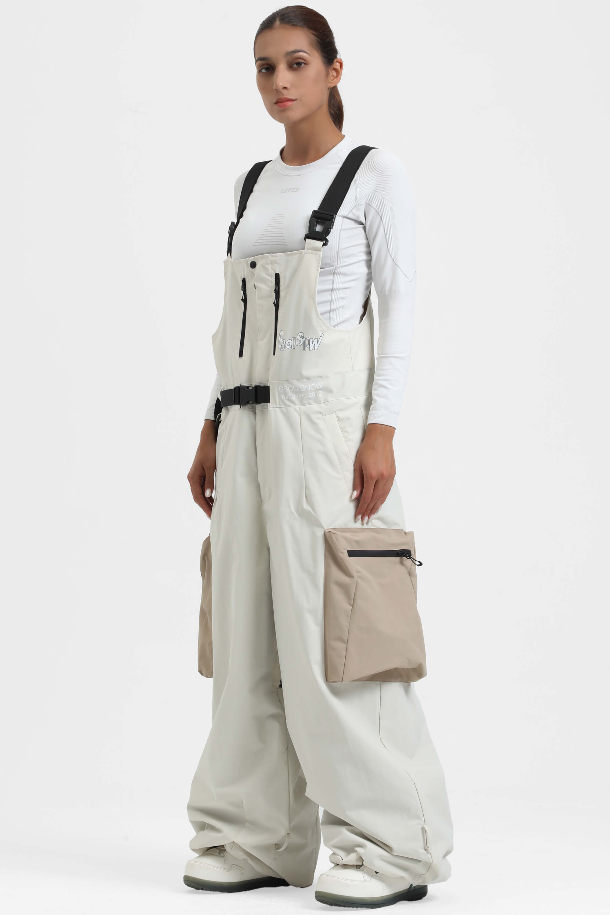 Women's Off White Workwear-Style Built-In Belt Ski Bibs Baggy Snow Bibs Main image