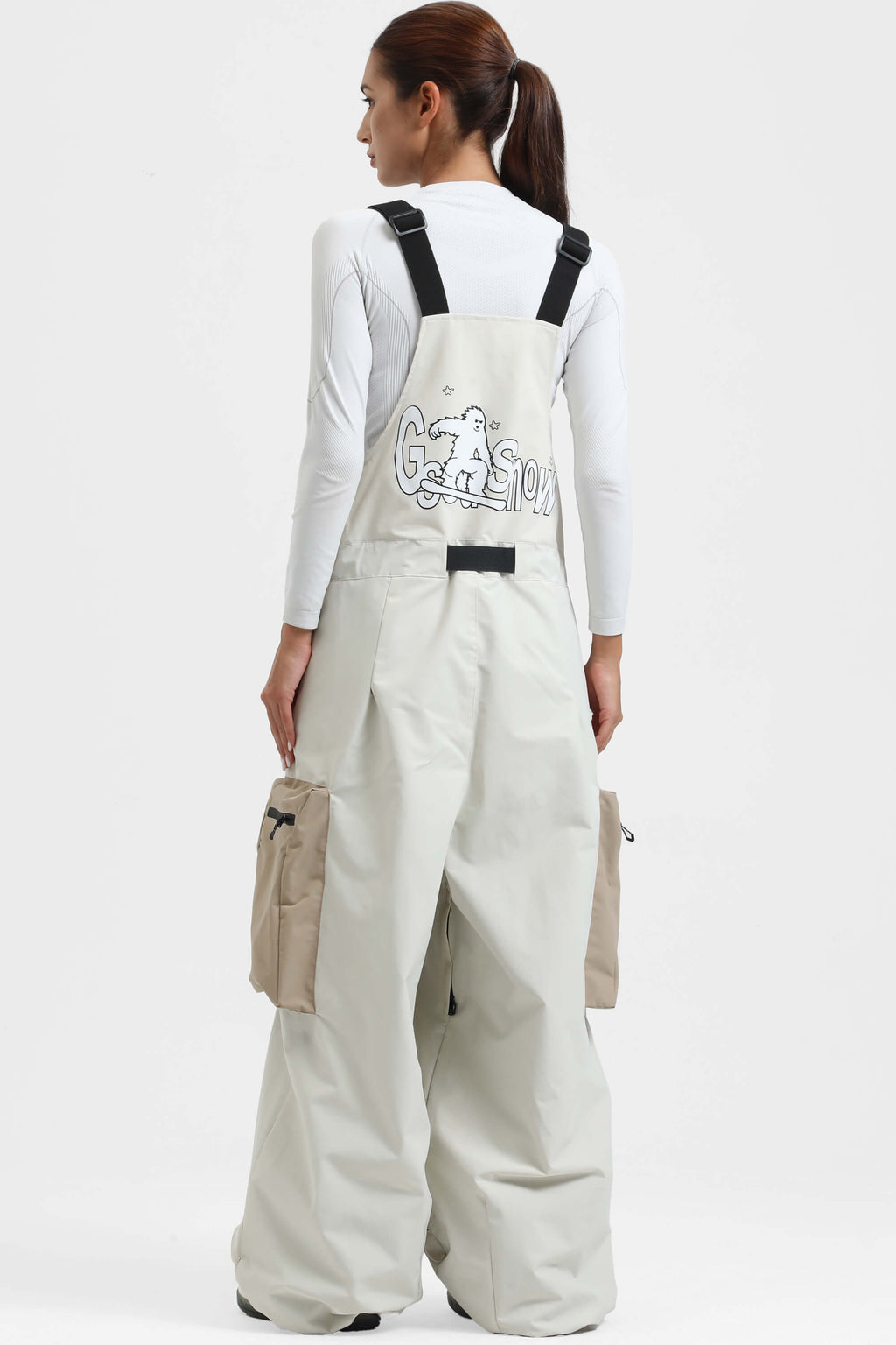Women's Off White Workwear Style Snow Bibs Built-in Belt Super Baggy Ski Bibs - Gsou Snow