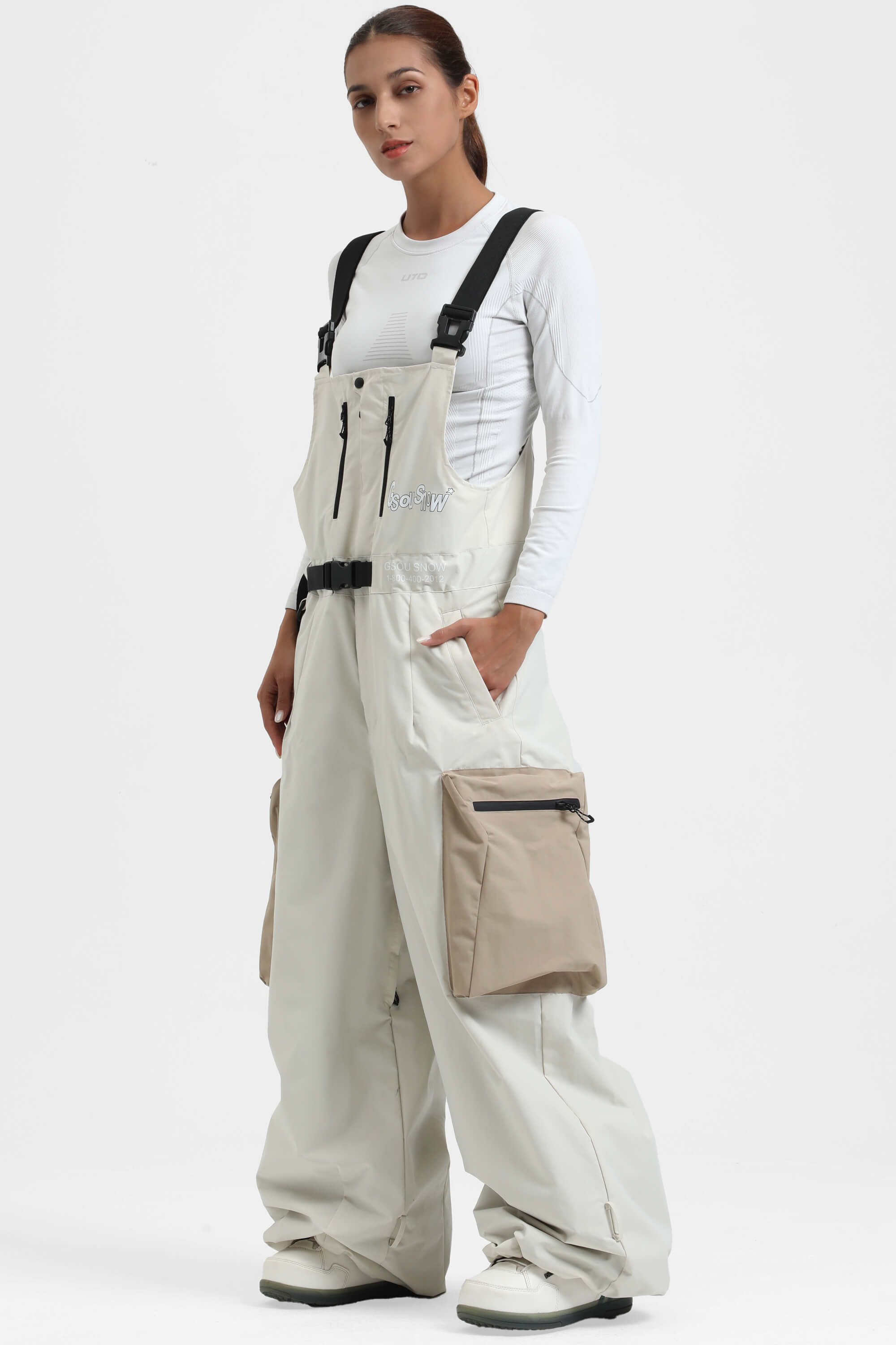 Women's Off White Workwear-Style Built-In Belt Ski Bibs Baggy Snow Bibs Secondary image