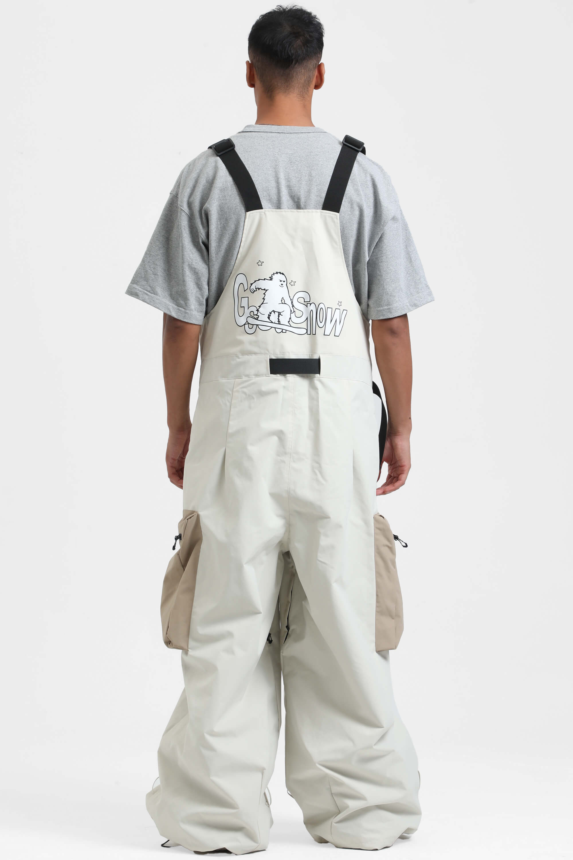 Men's Khaki Workwear-Style Built-In Belt Ski Bibs Baggy Snow Bibs