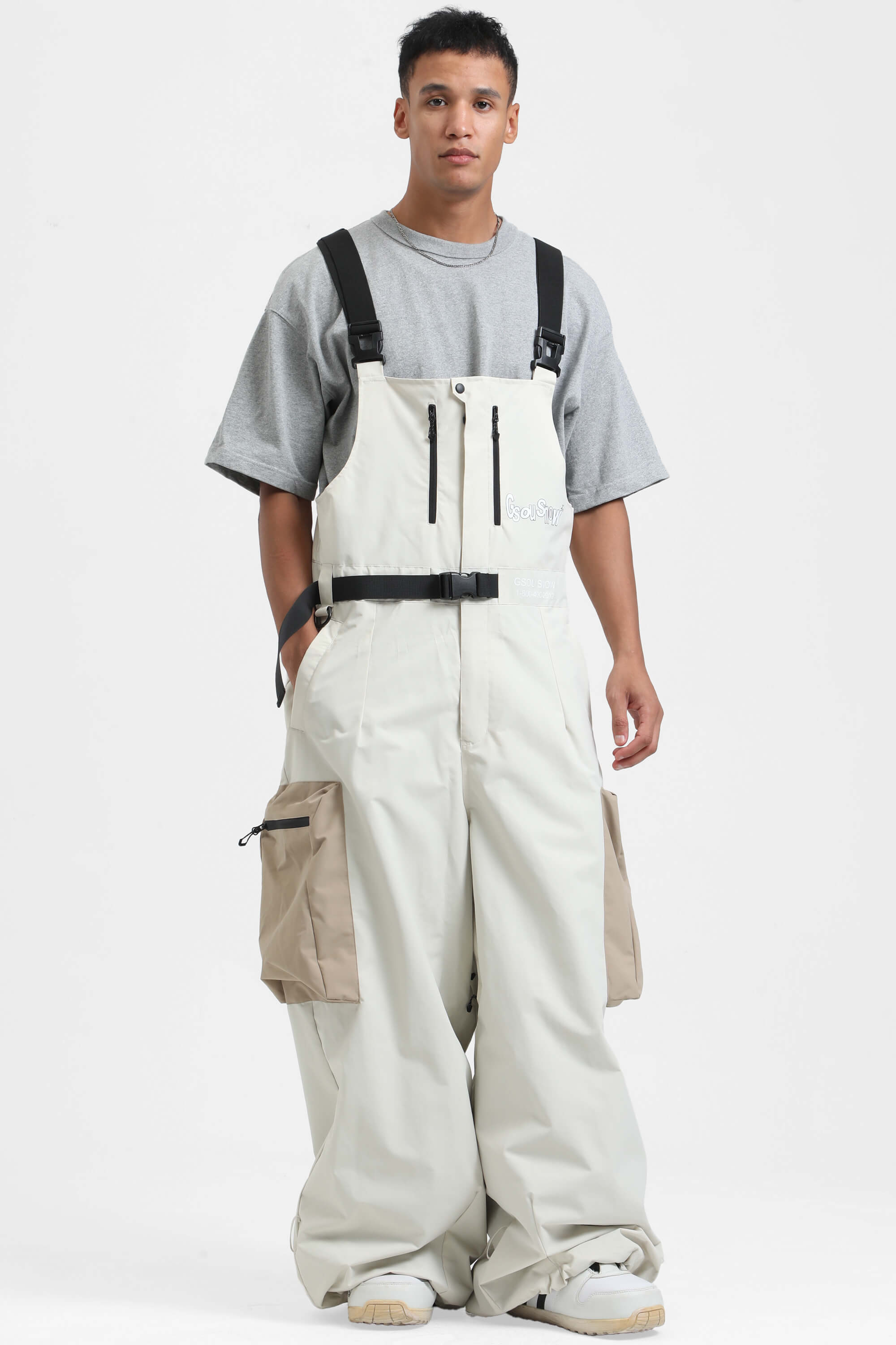 Men's Off White Workwear-Style Built-In Belt Ski Bibs Baggy Snow Bibs Secondary image