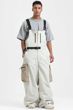 Men's Off White Workwear-Style Built-In Belt Ski Bibs Baggy Snow Bibs
