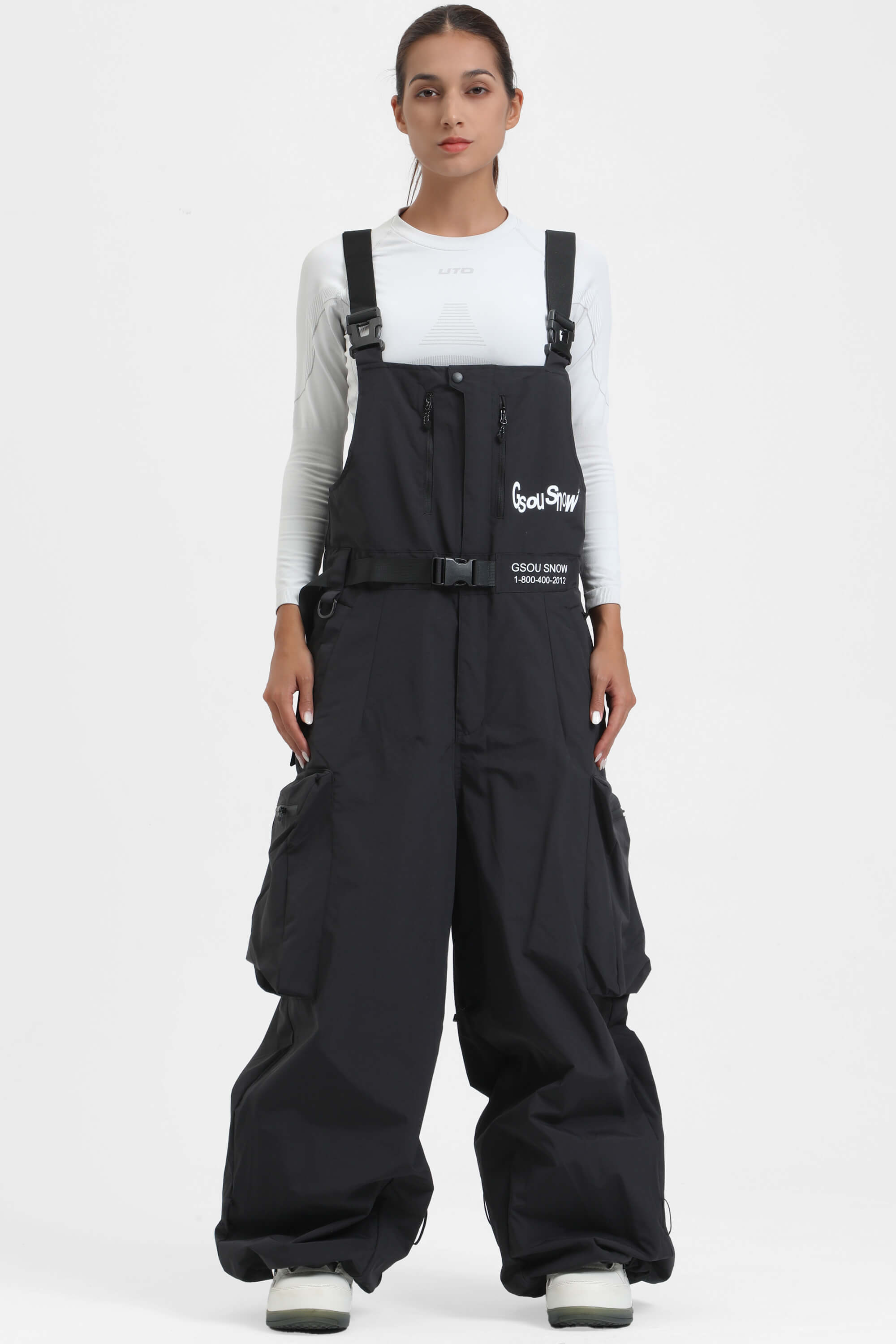 Women's Off White Workwear Style Snow Bibs Built-in Belt Super Baggy Ski Bibs - Gsou Snow