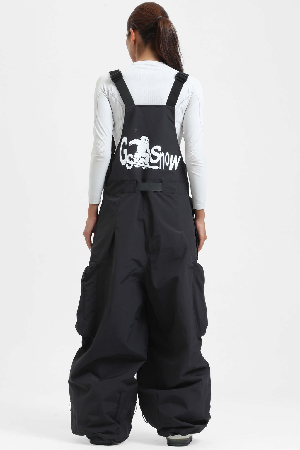 Women's Black Workwear-Style Built-In Belt Ski Bibs Baggy Snow Bibs
