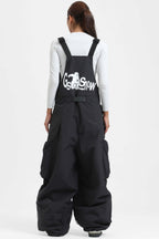Women's Black Workwear-Style Built-In Belt Ski Bibs Baggy Snow Bibs