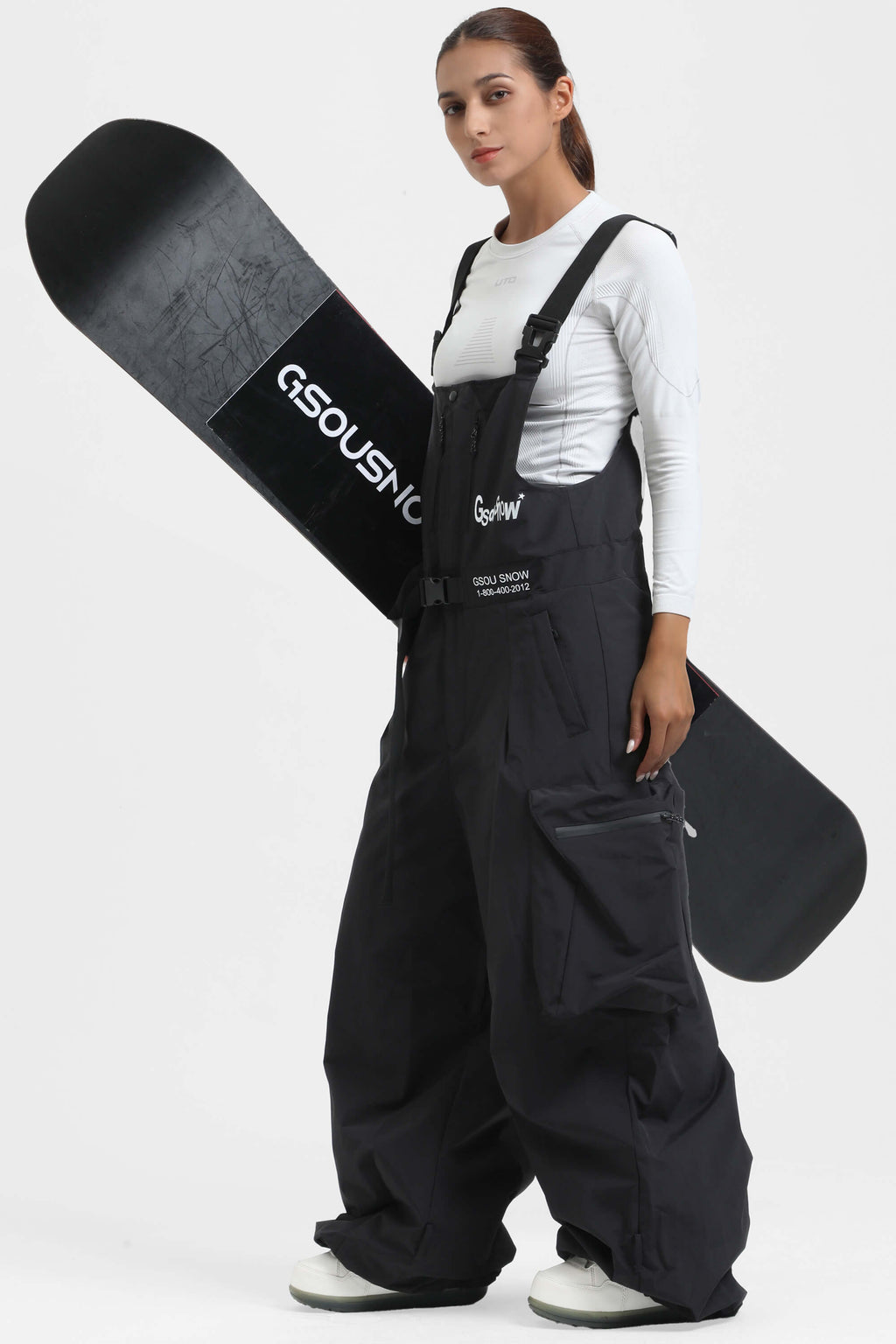 Women's Off White Workwear-Style Built-In Belt Ski Bibs Baggy Snow Bibs