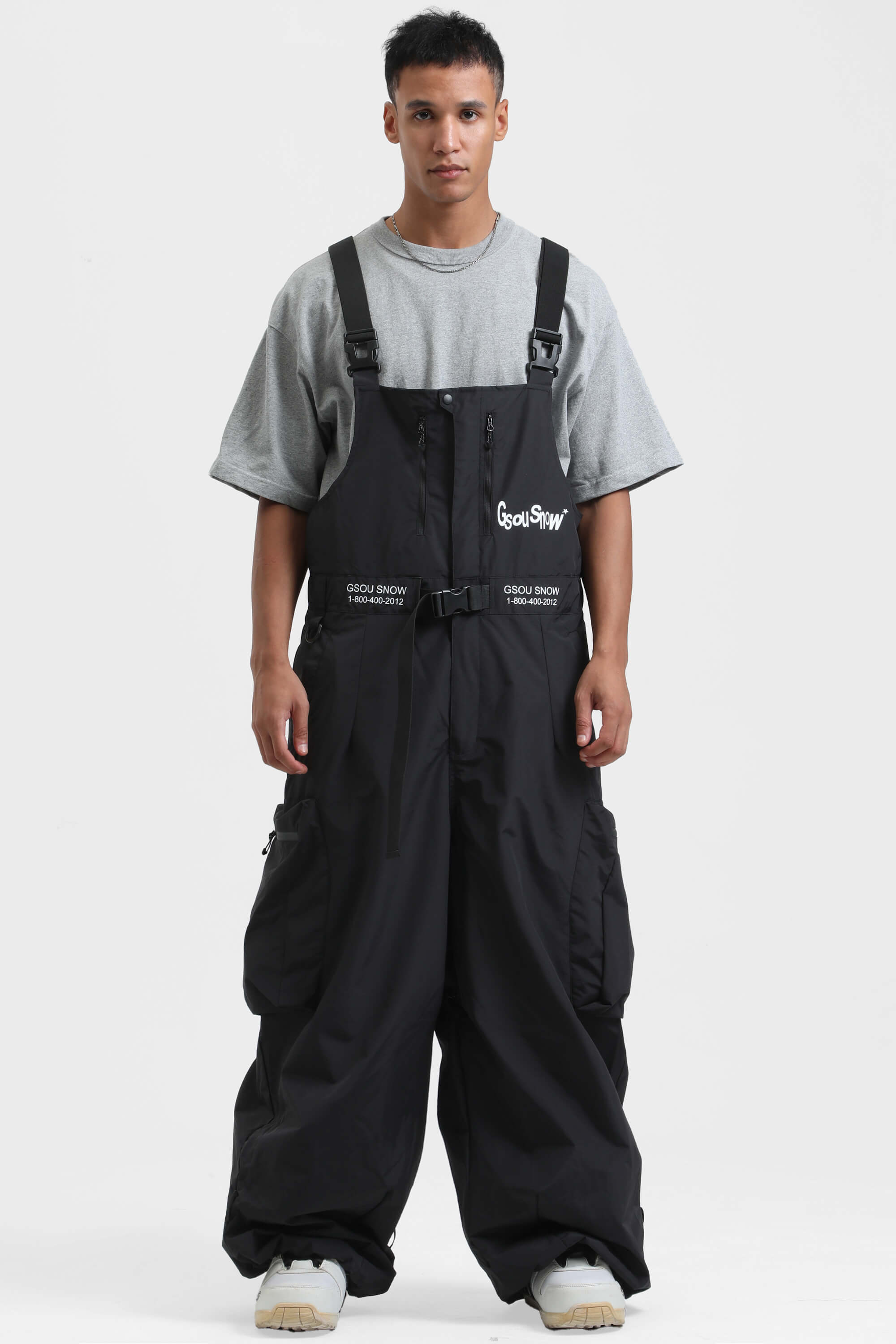 Men's Off White Workwear-Style Built-In Belt Ski Bibs Baggy Snow Bibs