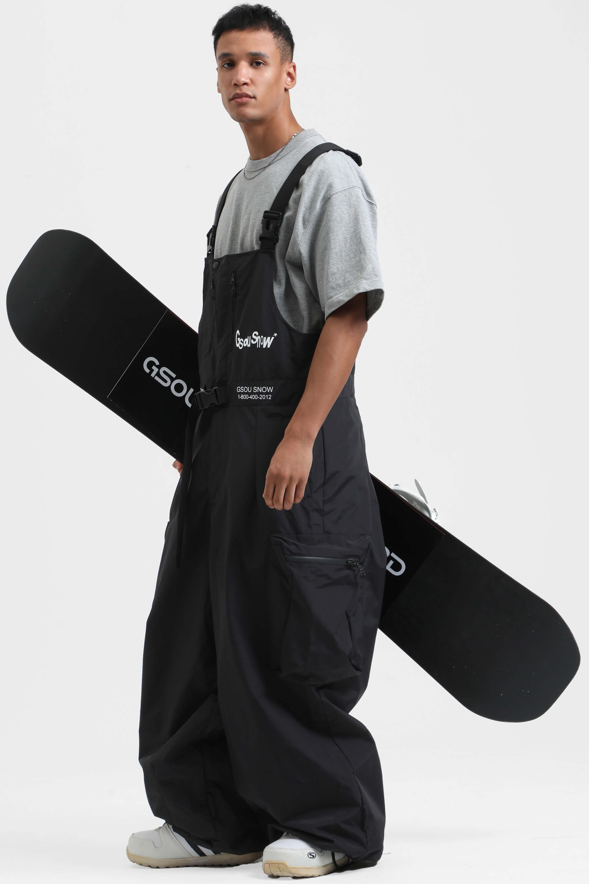 Men's Black Workwear-Style Built-In Belt Ski Bibs Baggy Snow Bibs Main image