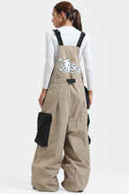 Women's Khaki Workwear-Style Built-In Belt Ski Bibs Baggy Snow Bibs