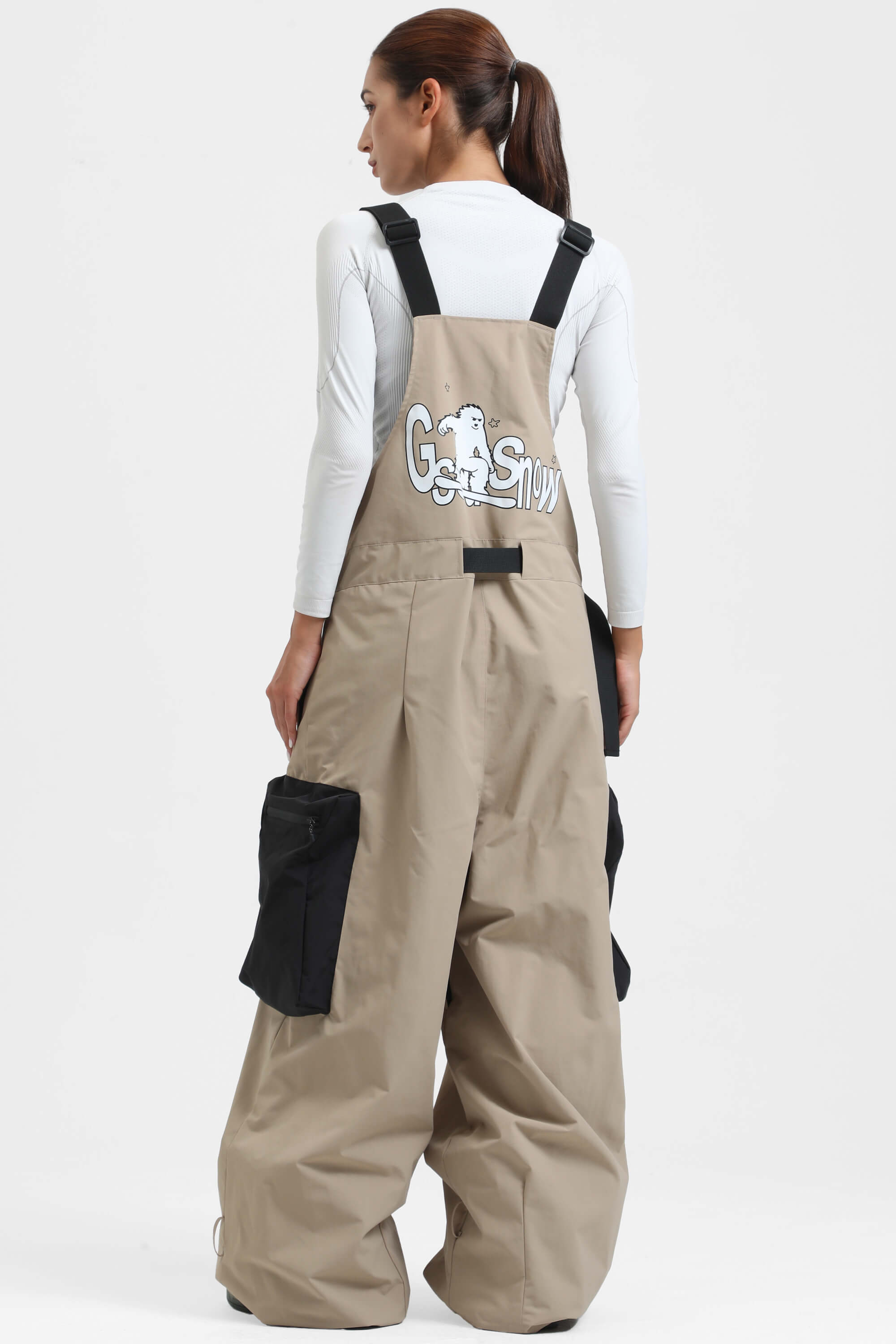 Women's Black Workwear-Style Built-In Belt Ski Bibs Baggy Snow Bibs