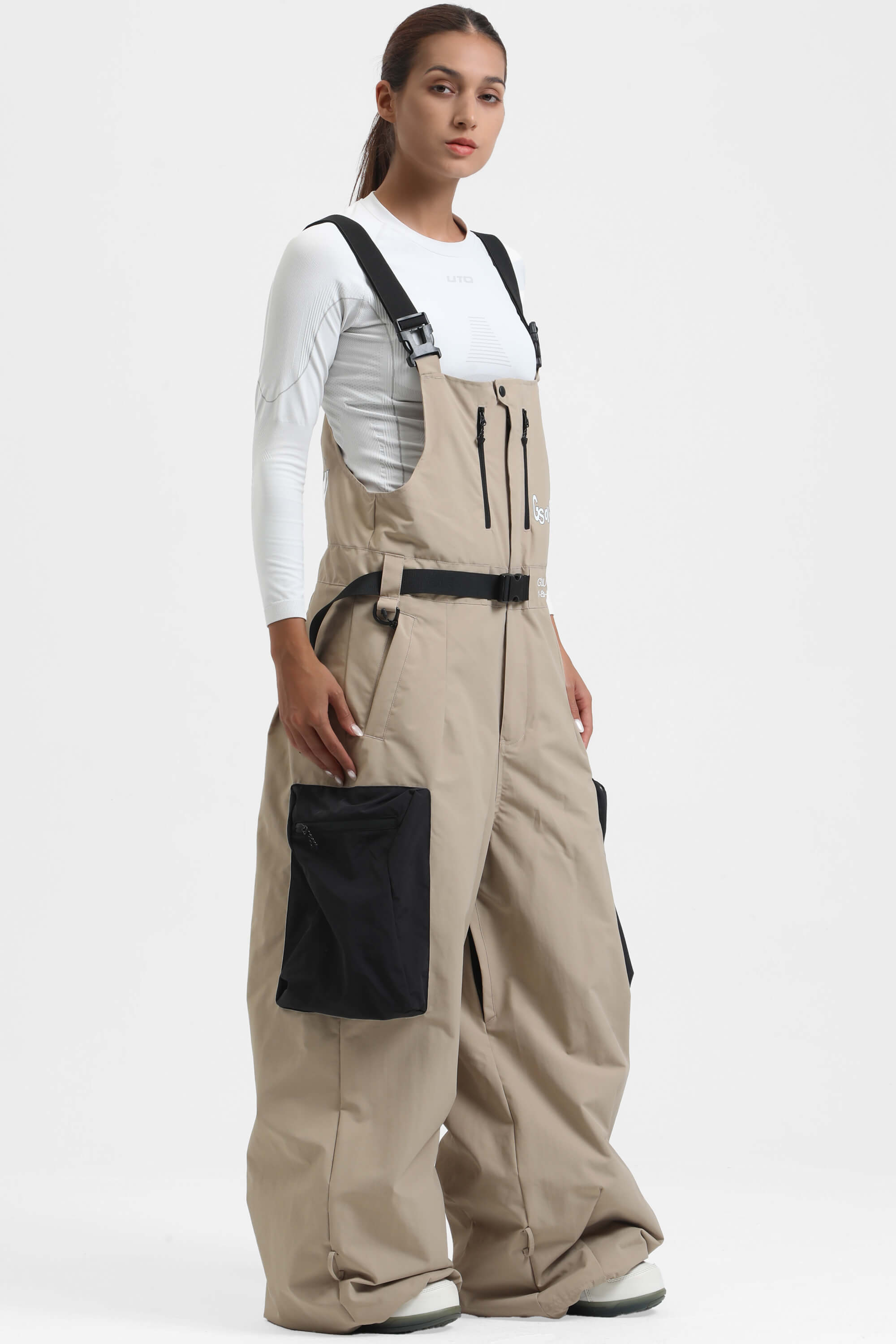 Women's Mint Green Workwear-Style Built-In Belt Ski Bibs Baggy Snow Bibs