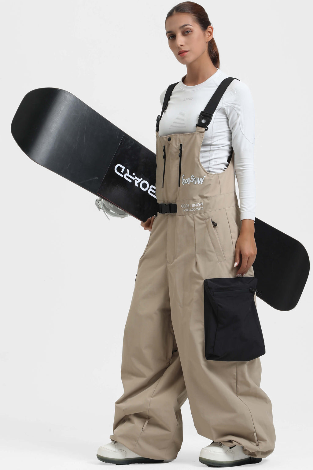 Women's Khaki Workwear-Style Built-In Belt Ski Bibs Baggy Snow Bibs