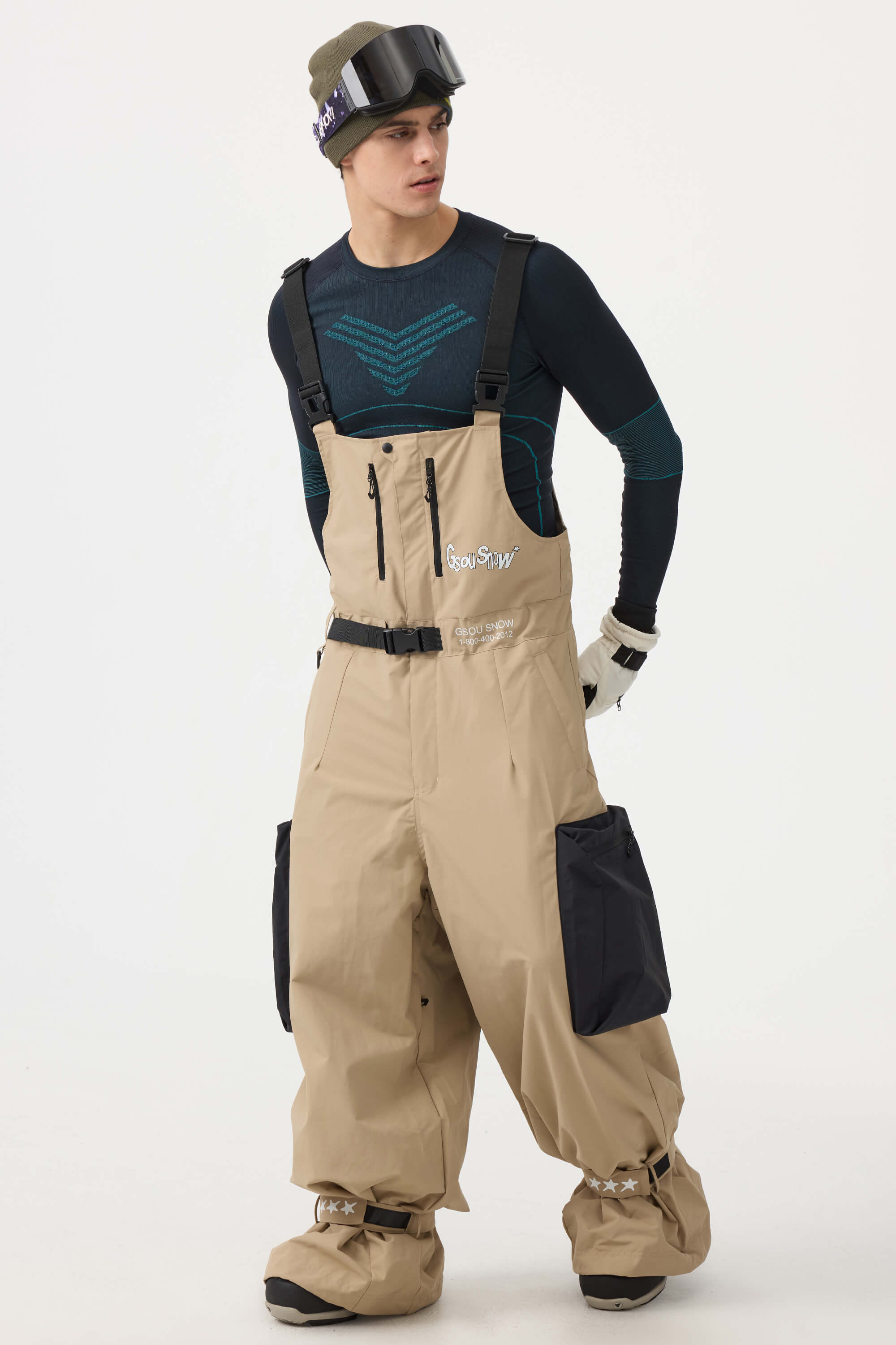 Men's Black Workwear Style Snow Bibs Built-in Belt Super Baggy Ski Bibs - Gsou Snow