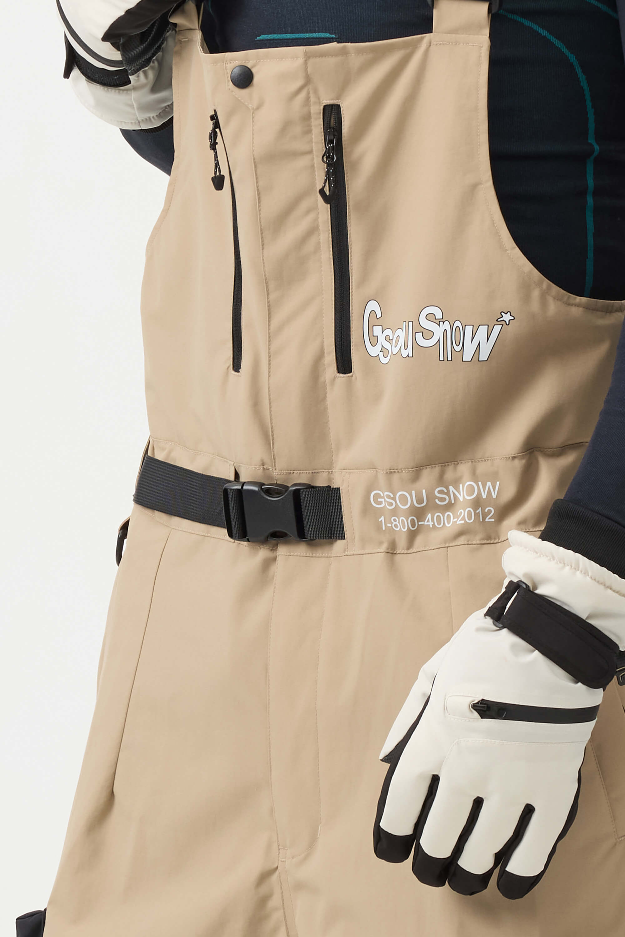 Men's Off White Workwear-Style Built-In Belt Ski Bibs Baggy Snow Bibs