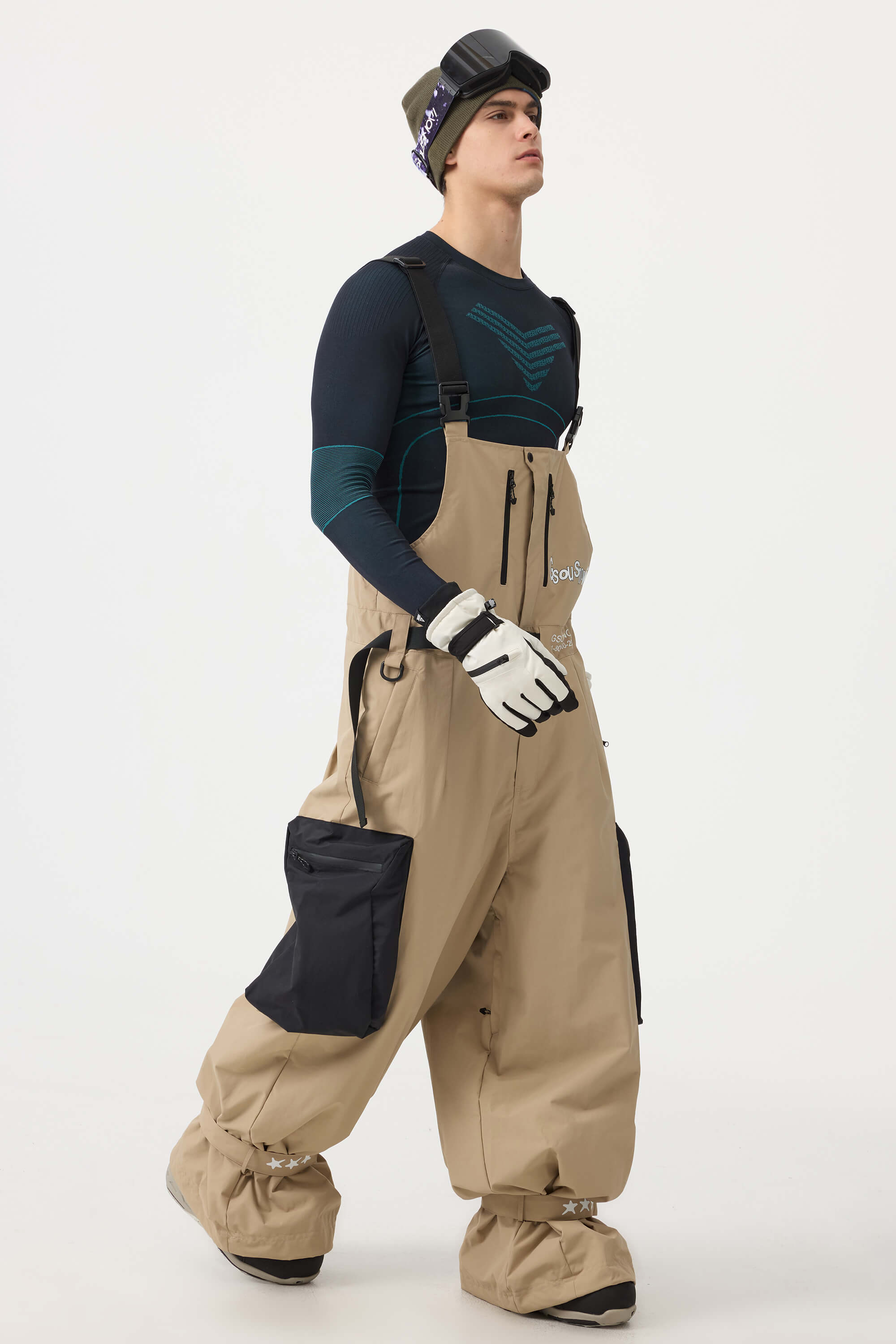 Men's Mint Green Workwear-Style Built-In Belt Ski Bibs Baggy Snow Bibs