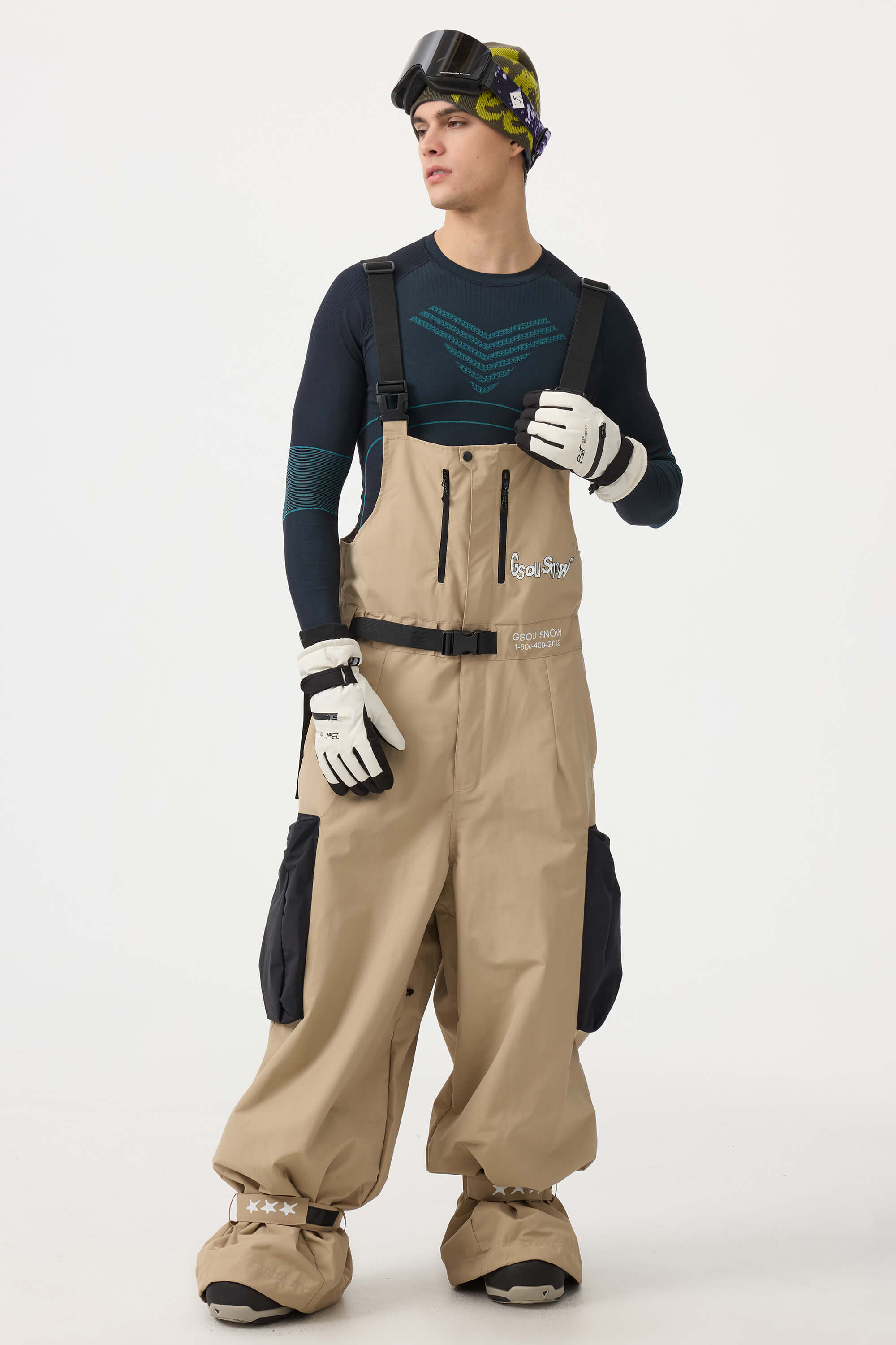 Men's Khaki Workwear Style Snow Bibs Built-in Belt Super Baggy Ski Bibs - Gsou Snow