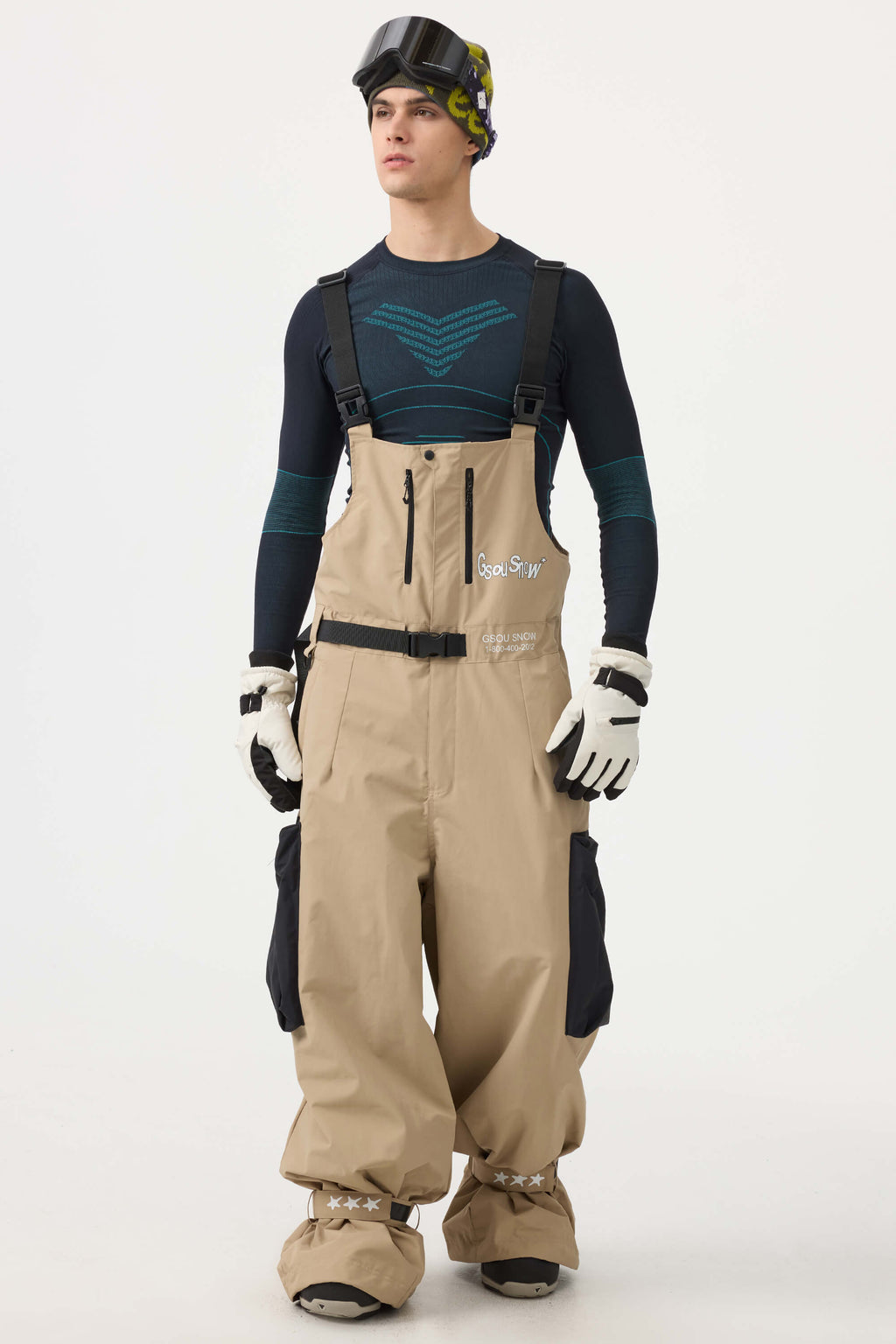 Men's Khaki Workwear Style Snow Bibs Built-in Belt Super Baggy Ski Bibs - Gsou Snow