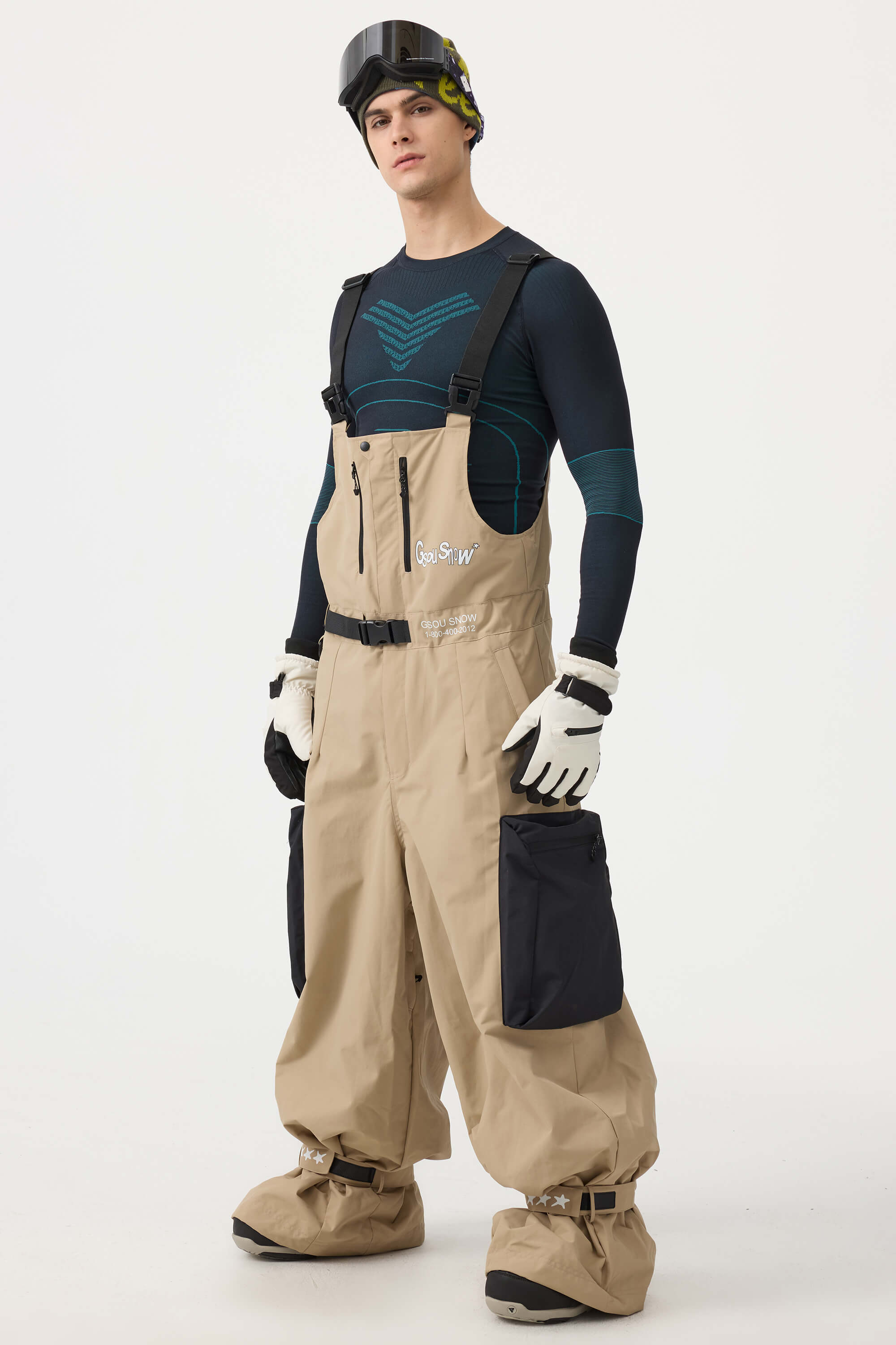 Men's Khaki Workwear Style Snow Bibs Built-in Belt Super Baggy Ski Bibs - Gsou Snow