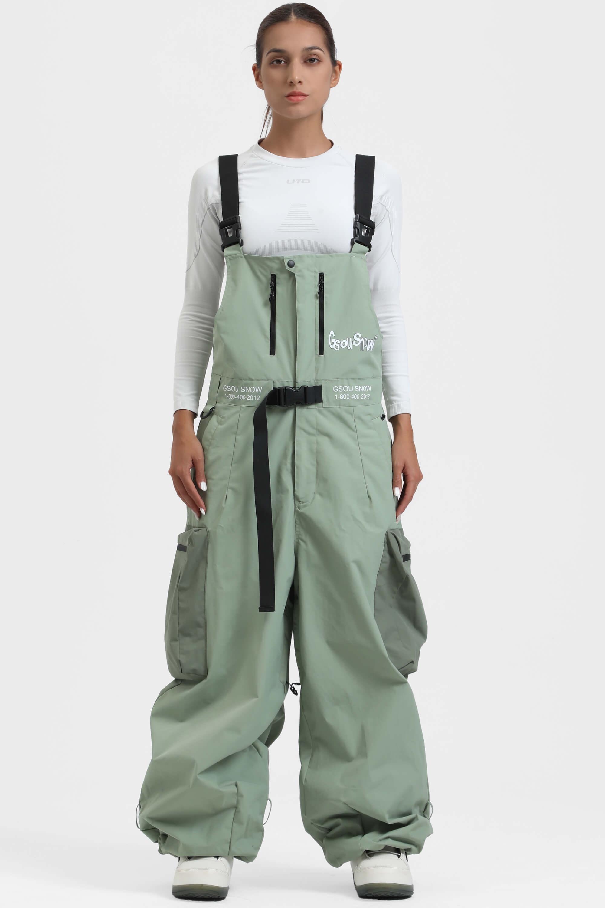 Women's Mint Green Workwear-Style Built-In Belt Ski Bibs Baggy Snow Bibs
