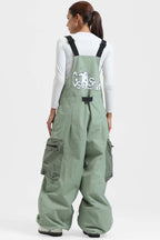 Women's Red Workwear-Style Built-In Belt Ski Bibs Baggy Snow Bibs