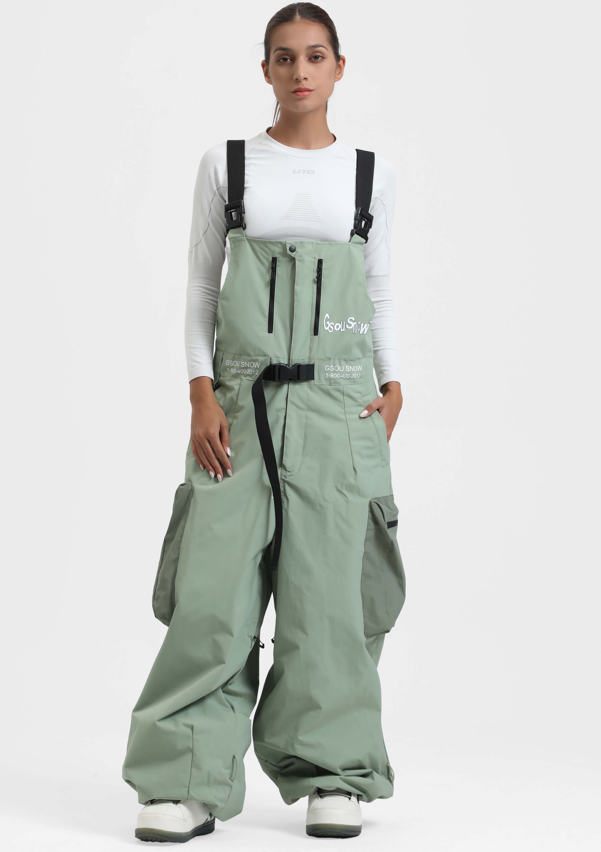 Women's Mint Green Workwear-Style Built-In Belt Ski Bibs Baggy Snow Bibs