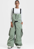 Women's Khaki Workwear-Style Built-In Belt Ski Bibs Baggy Snow Bibs