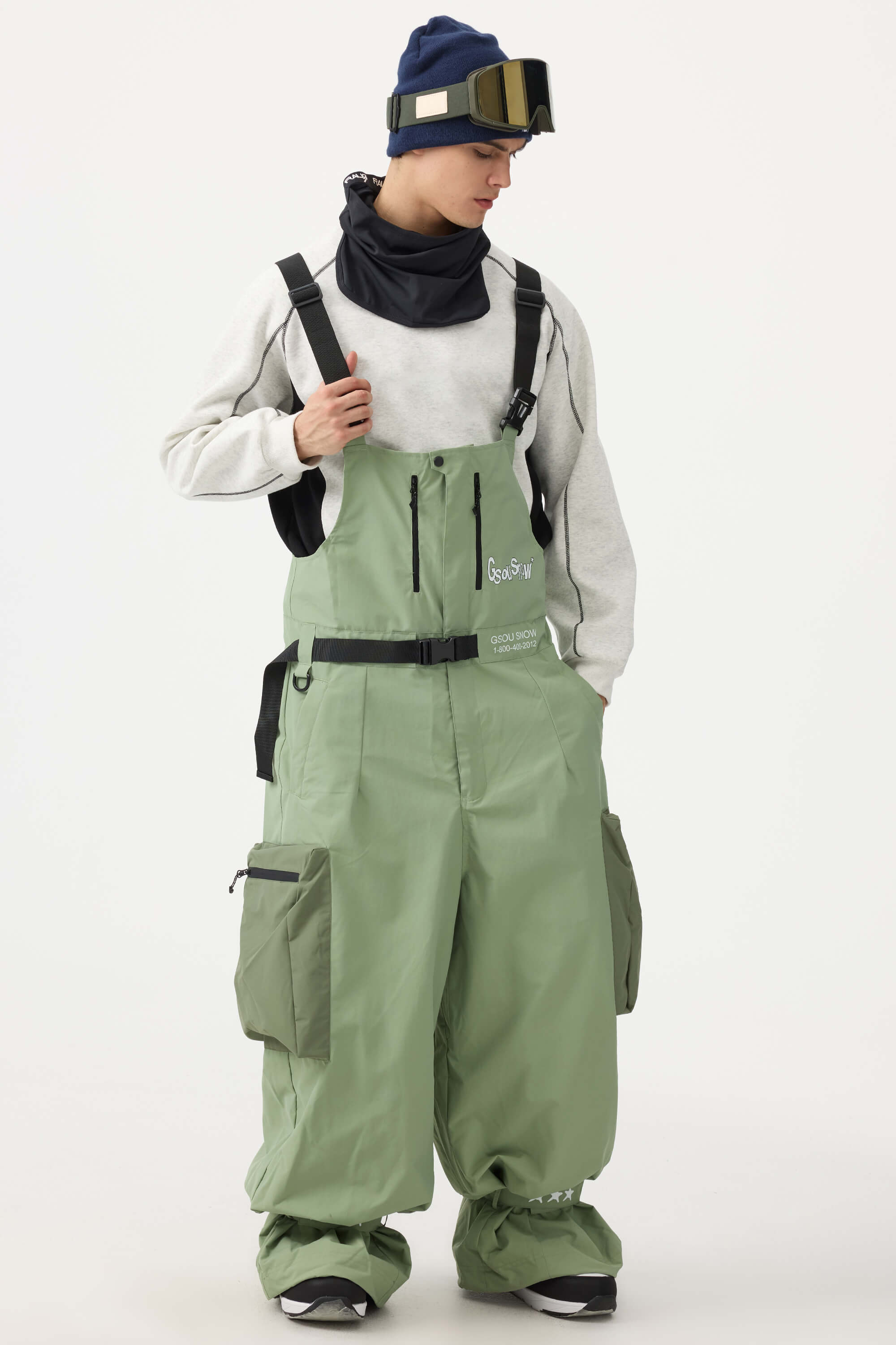 Men's Off White Workwear-Style Built-In Belt Ski Bibs Baggy Snow Bibs