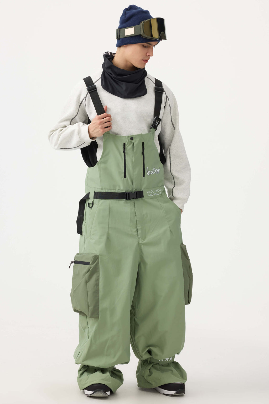 Men's Mint Green Workwear-Style Built-In Belt Ski Bibs Baggy Snow Bibs