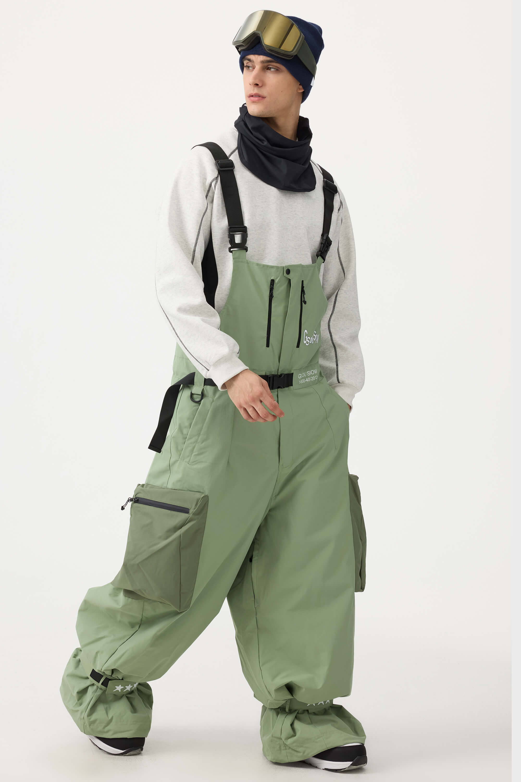 Men's Black Workwear Style Snow Bibs Built-in Belt Super Baggy Ski Bibs - Gsou Snow
