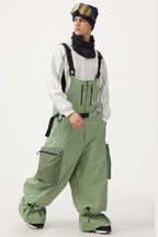 Men's Khaki Workwear Style Snow Bibs Built-in Belt Super Baggy Ski Bibs - Gsou Snow