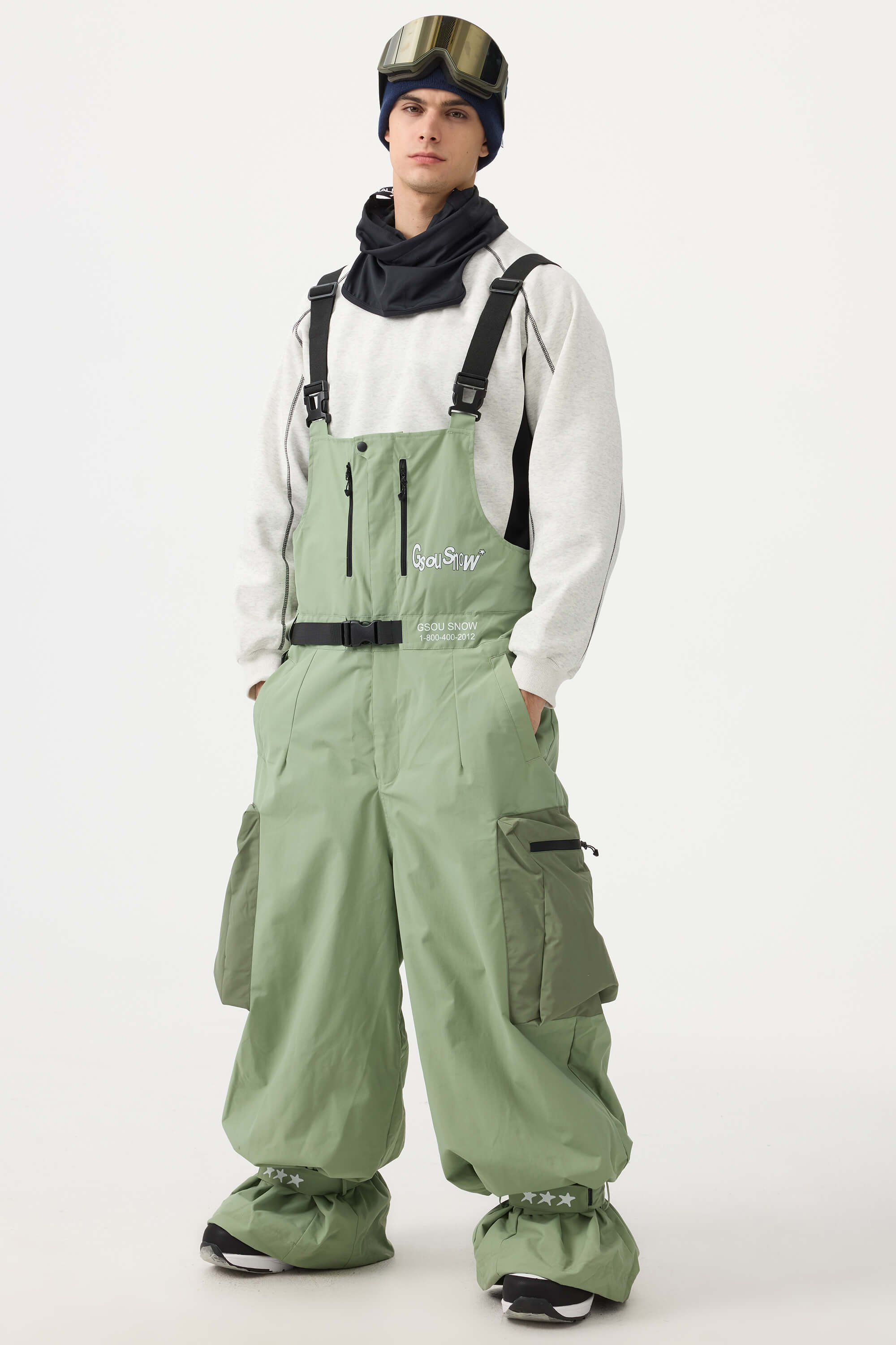 Men's Mint Green Workwear Style Built-in Belt Snow Bibs Baggy Ski Bibs - Gsou Snow