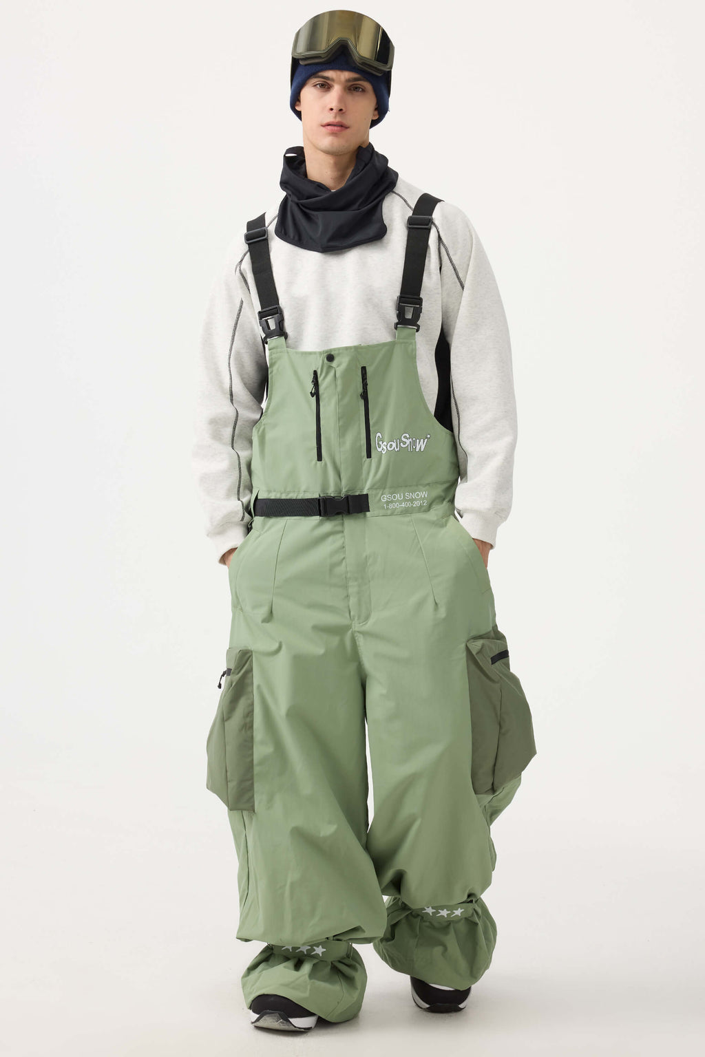 Men's Mint Green Workwear Style Built-in Belt Snow Bibs Baggy Ski Bibs - Gsou Snow