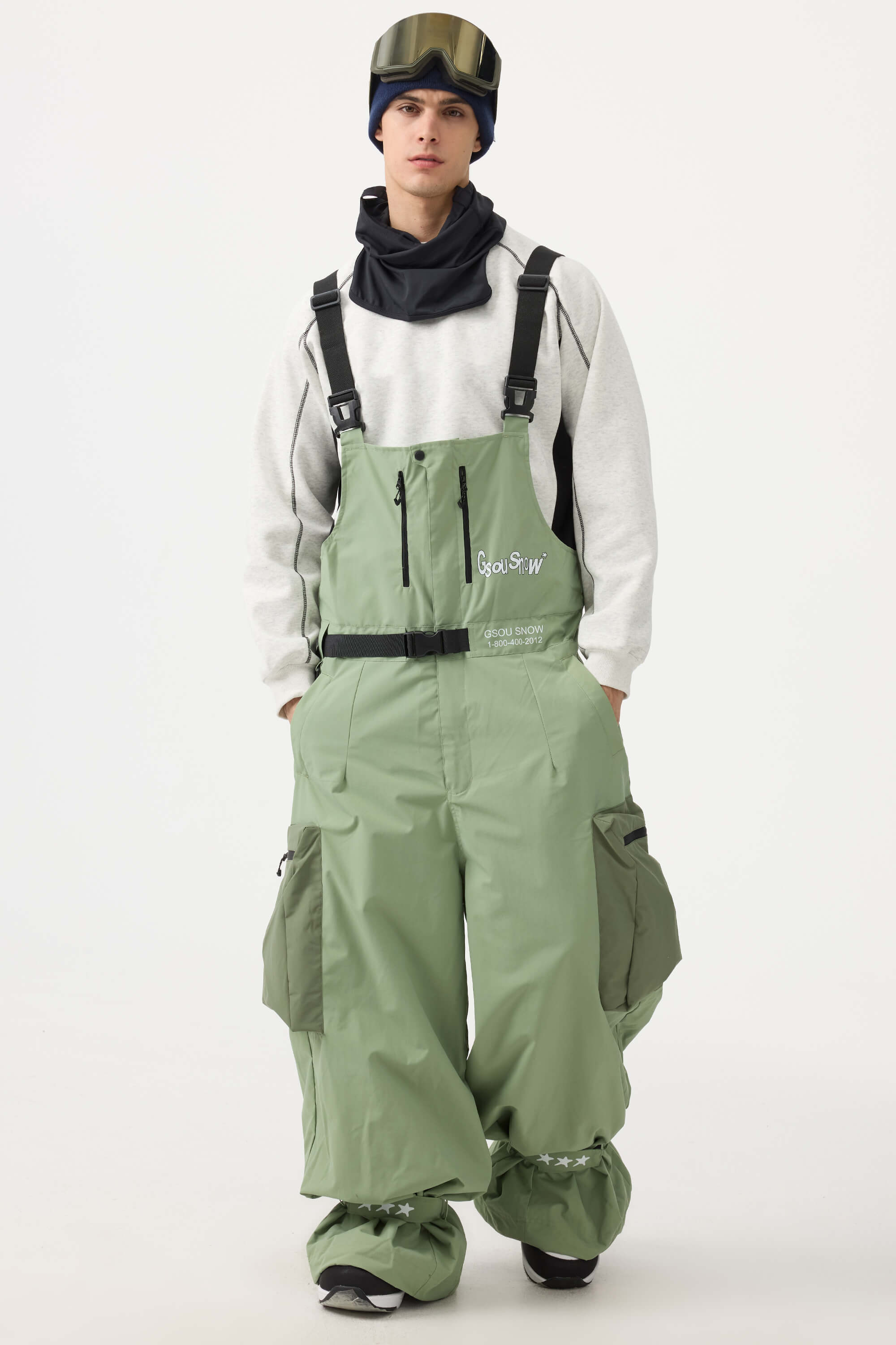 Men's Mint Green Workwear Style Built-in Belt Snow Bibs Baggy Ski Bibs - Gsou Snow